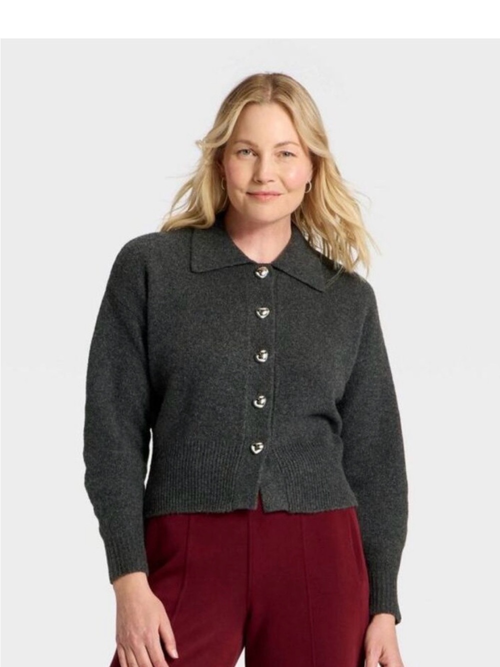 Dark Gray Heart Button-Front Women’s Sweater